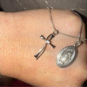 Silver Cross and Medal Pendant Necklace sterling silver 925